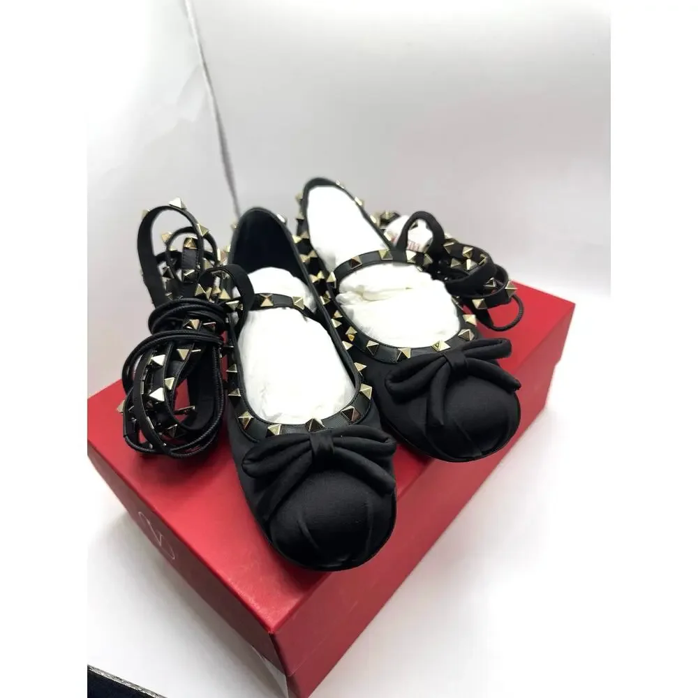 Valentino Garavani Black Gold Rockstud Ballerina Flats EU 38.5